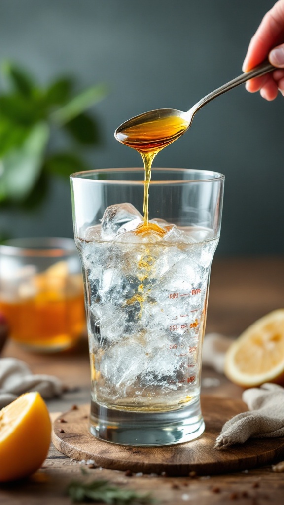 A spoon pouring apple cider vinegar into a glass with fruits in the background.