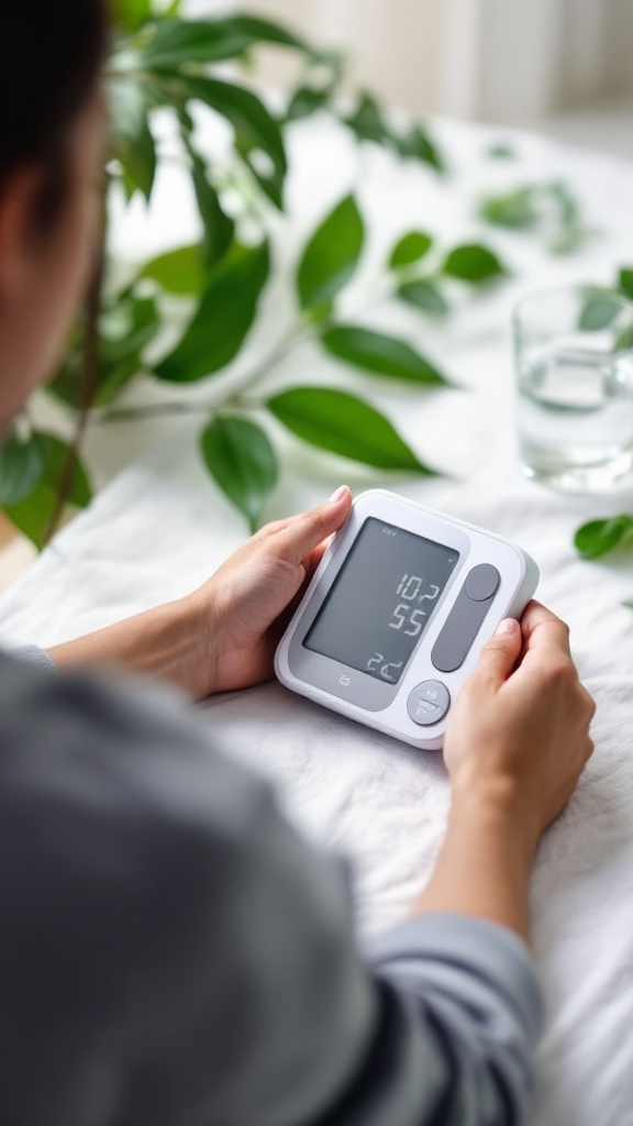 A person checking their blood pressure with a monitor surrounded by greenery