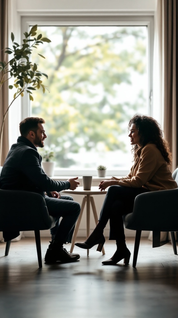 A man and woman engaged in a conversation in a cozy setting.