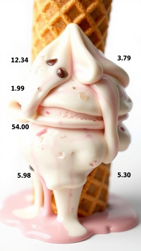 A melting ice cream cone with numbers indicating measurements or prices.