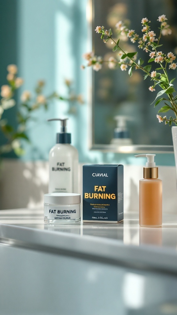 Various fat burning skincare products displayed on a counter, including creams and a box, with flowers in the background.