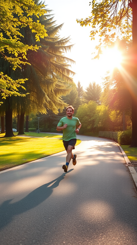 A man jogging on a sunny path surrounded by trees.