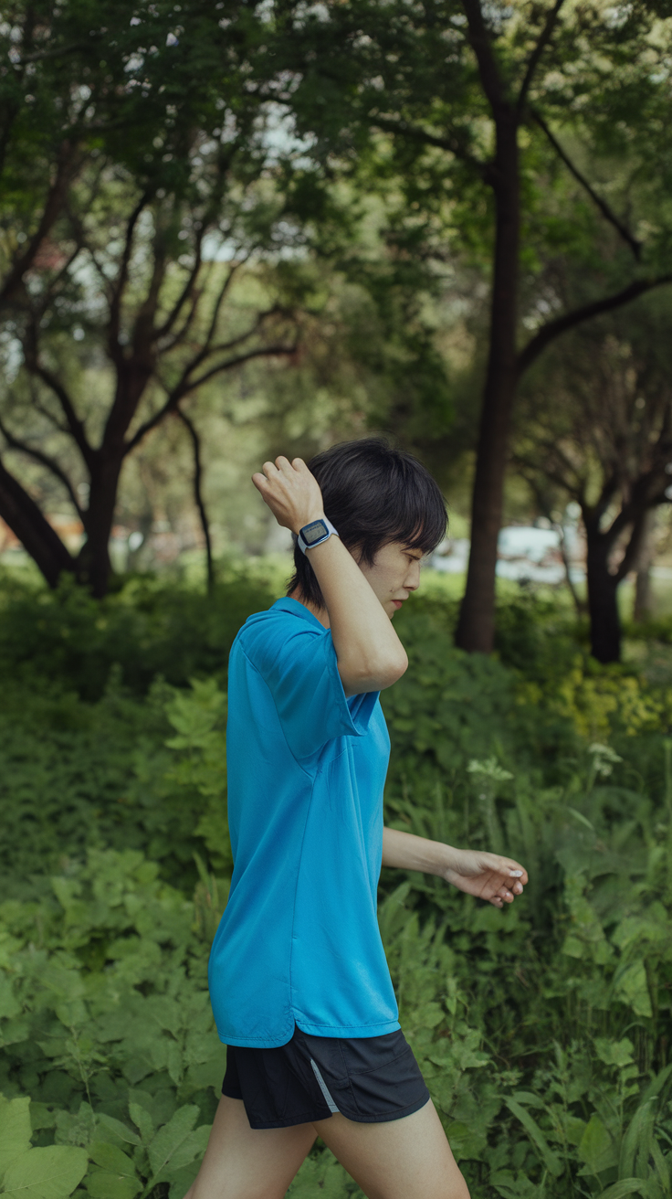 A hand wearing a fitness tracker is raised in a green park, indicating a daily walk.