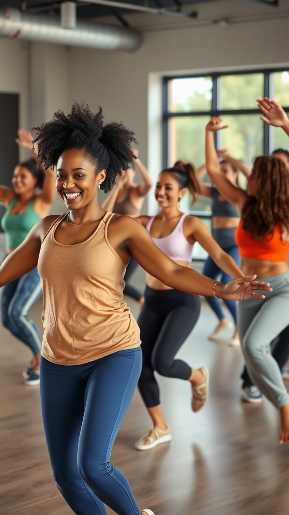 A group of people dancing joyfully in a dance class.