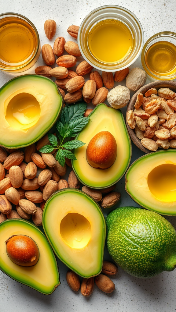 A variety of healthy fats including avocados, nuts, and oils displayed on a white surface