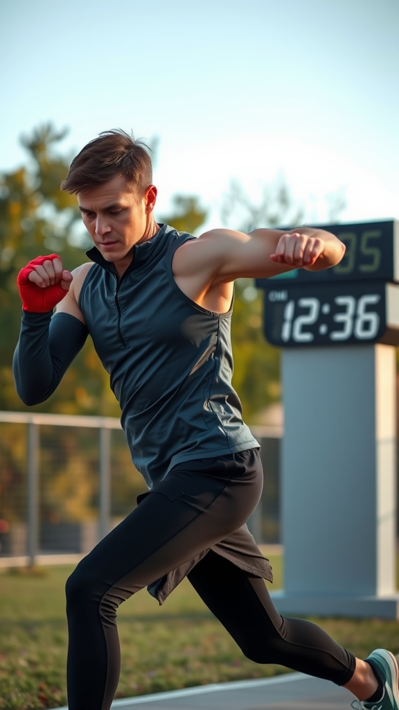 A focused athlete engaged in high-intensity interval training, showcasing the intensity and timing involved in the workout.