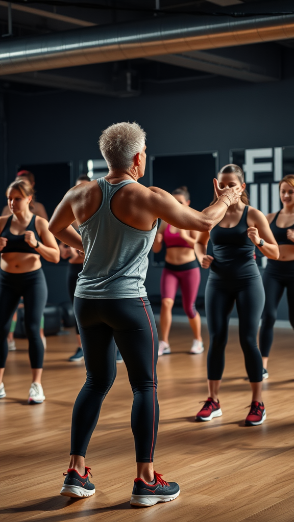 A fitness instructor leads a group in an energetic interval training session.