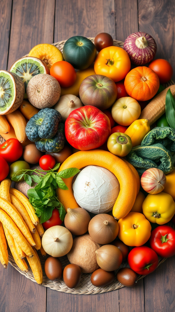 A colorful array of various fruits and vegetables displayed in a basket on a wooden surface.