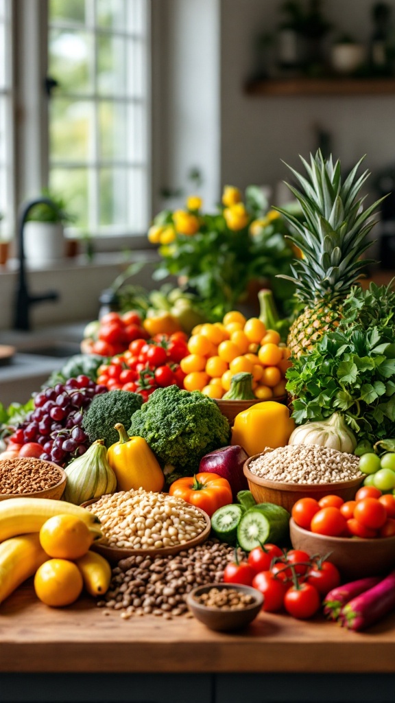 A colorful display of fresh fruits, vegetables, and grains on a wooden table