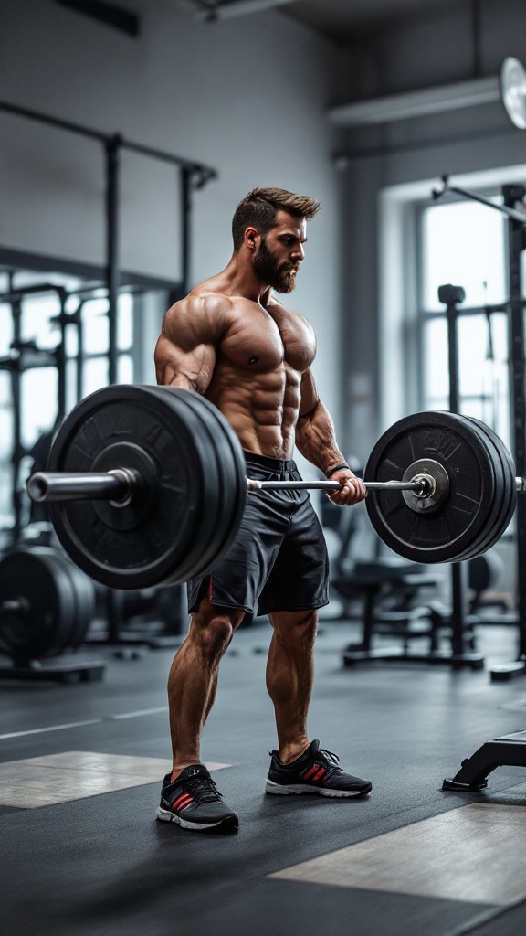 A muscular man showcasing strength in a gym setting.