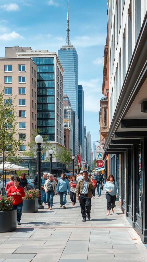 Busy city street with people walking, showcasing a vibrant urban environment.