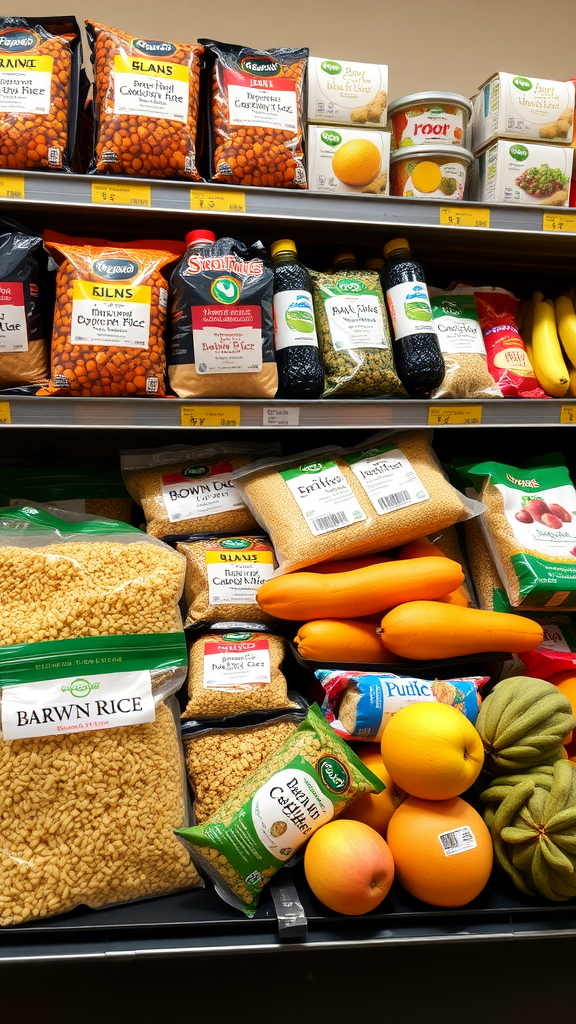 A display of rice and fresh produce in a grocery store, showcasing inexpensive foods for weight loss.