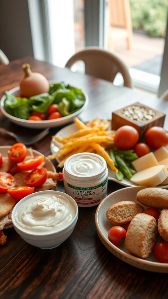 A nourishing spread featuring fat burning cream, sliced sweet potatoes, fresh tomatoes, and bananas on a wooden table