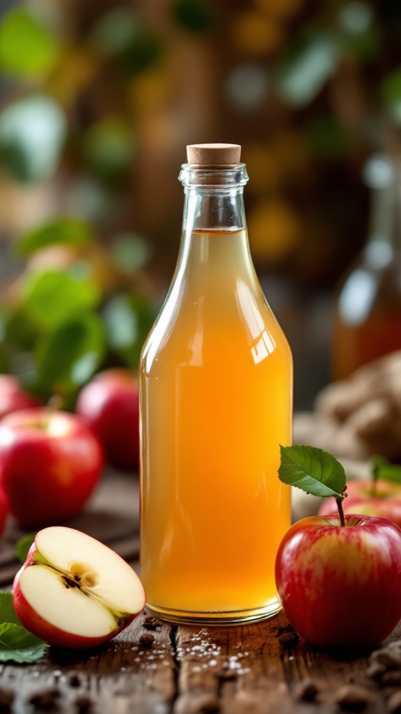A bottle of apple cider vinegar with fresh apples and cinnamon sticks on a wooden surface.