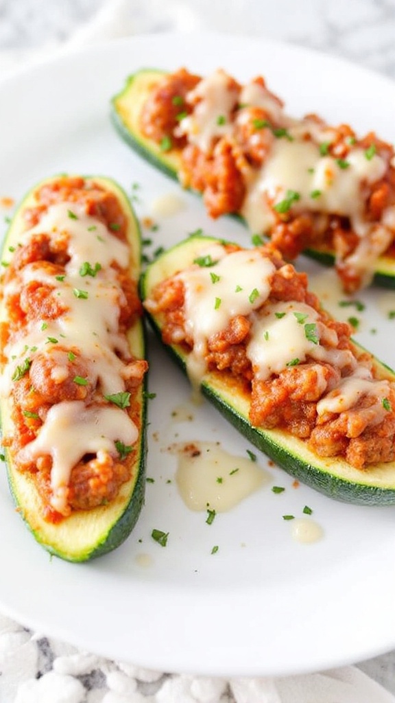 Italian zucchini boats filled with meat sauce and topped with cheese