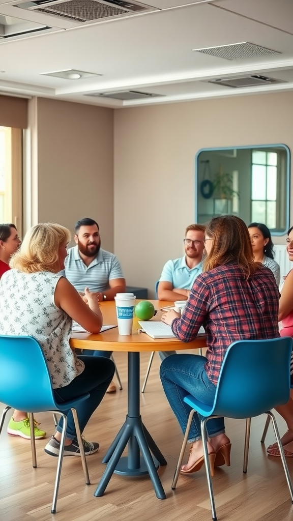 A group of people sitting at a table, discussing their weight loss journeys in a supportive environment.