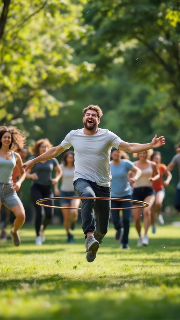 A group of people joyfully participating in an outdoor fitness session, with one man energetically jumping with a hula hoop.