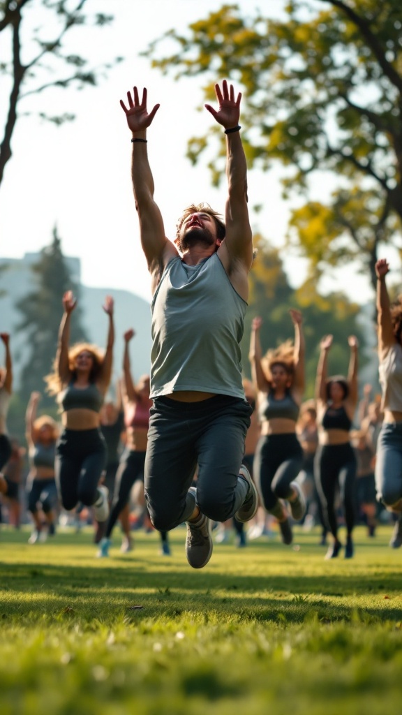 Group of people doing jumping jacks in a sunny park