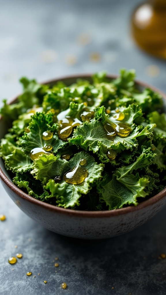 Fresh kale leaves drizzled with olive oil in a bowl