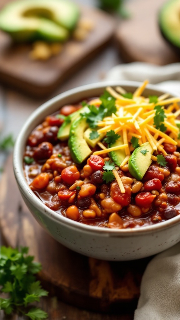 A bowl of keto-friendly chili topped with avocado, cheese, and cilantro, served on a wooden board.