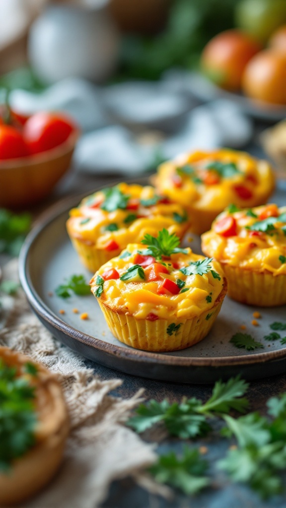 Plate of keto-friendly egg muffins topped with red peppers and cilantro, surrounded by fresh vegetables.