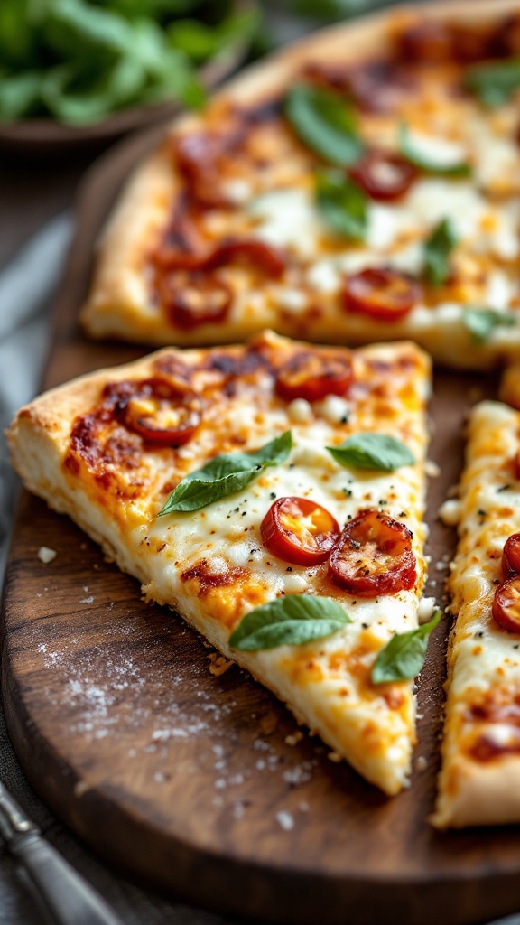 A slice of keto-friendly pizza with cheese, fresh basil, and tomatoes on a wooden board.