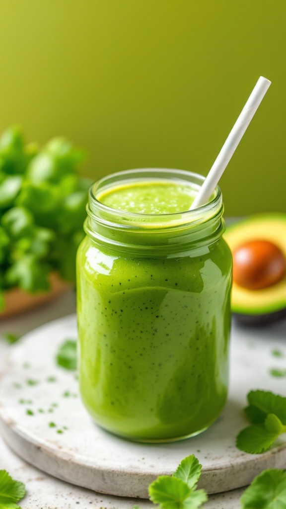 A green keto-friendly smoothie in a jar with a straw, surrounded by fresh herbs and an avocado.