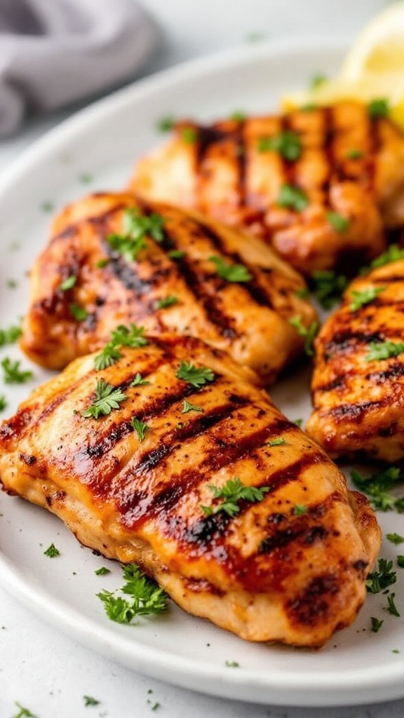 Grilled chicken thighs garnished with parsley on a white plate