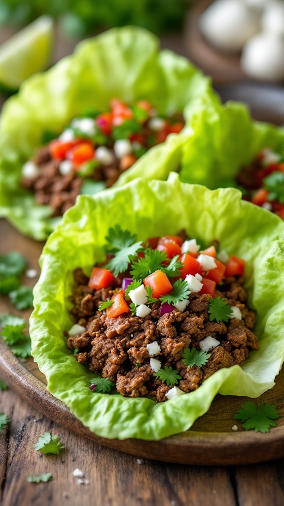 Keto Beef Tacos in Lettuce Wraps with ground beef, tomatoes, and cilantro