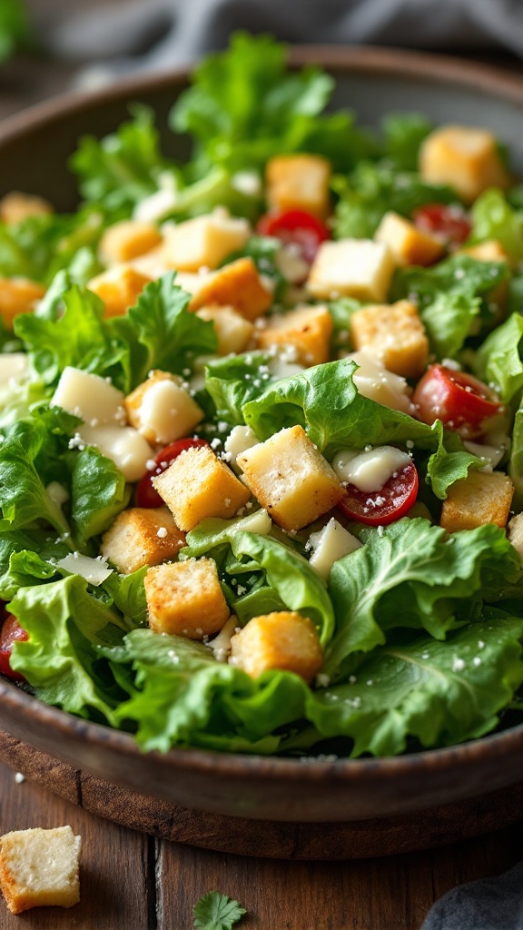 A delicious Keto Caesar Salad with fresh greens, croutons, and tomatoes.