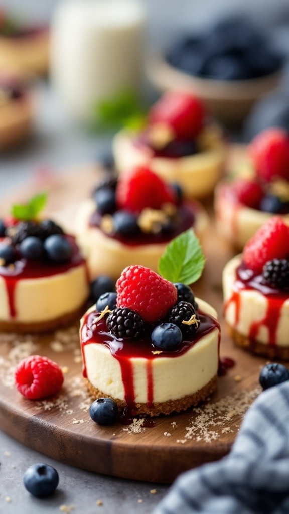 Keto cheesecake bites topped with berries on a wooden platter