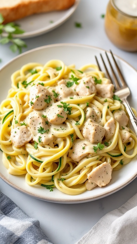 Plate of Keto Chicken Alfredo with fettuccine noodles, chicken, and parsley