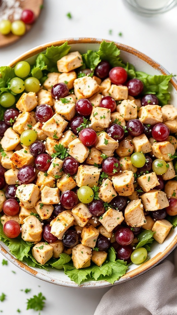 A bowl of chicken salad with grapes, featuring diced chicken, green and red grapes on a bed of lettuce.