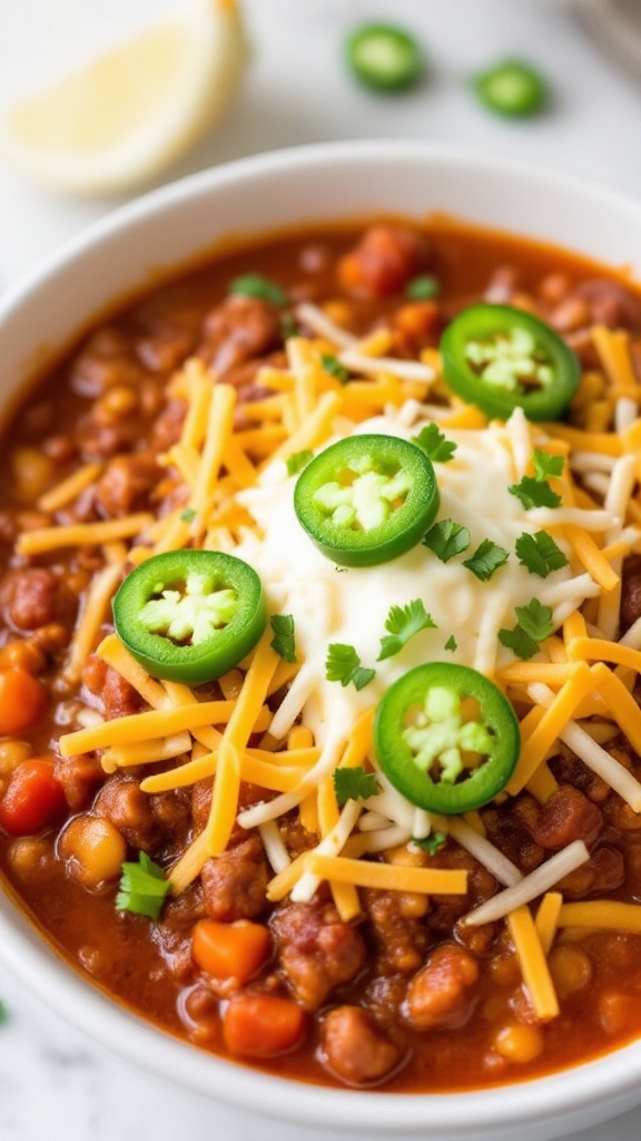 A bowl of Keto Chili Con Carne topped with cheese, jalapeños, and cilantro