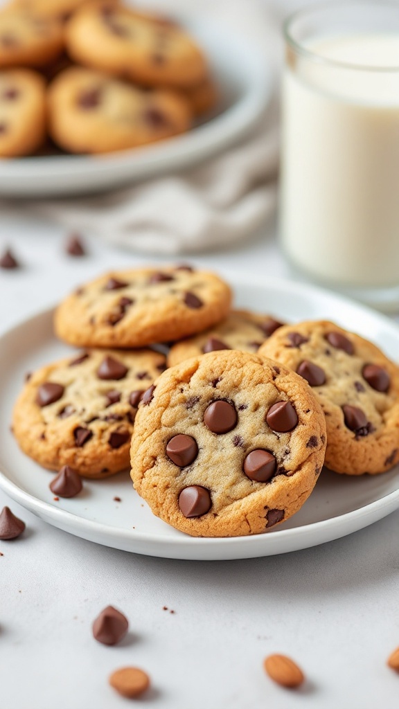 A plate of keto chocolate chip cookies with chocolate chips scattered around and a glass of milk.