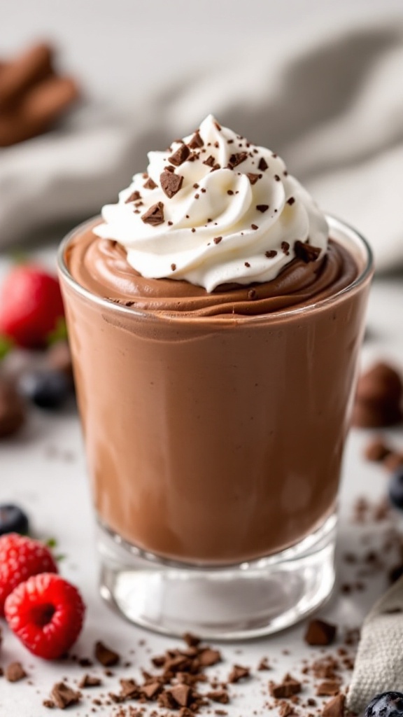 A glass of keto chocolate mousse topped with whipped cream and chocolate shavings, surrounded by fresh berries.