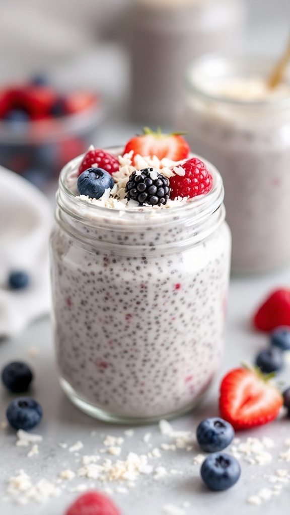 A jar of Keto Coconut Chia Pudding topped with fresh berries.