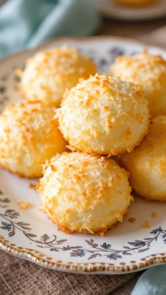 A plate of golden-brown coconut macaroons topped with toasted coconut flakes.