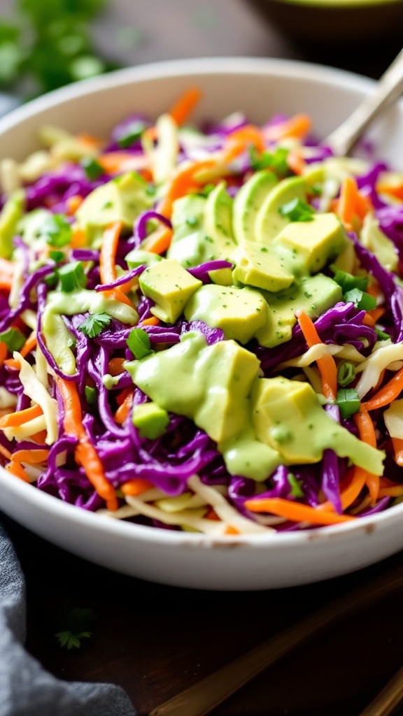 A colorful bowl of keto coleslaw topped with creamy avocado dressing.