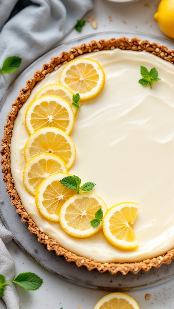 A delicious keto lemon tart with almond crust, topped with fresh lemon slices and mint leaves.