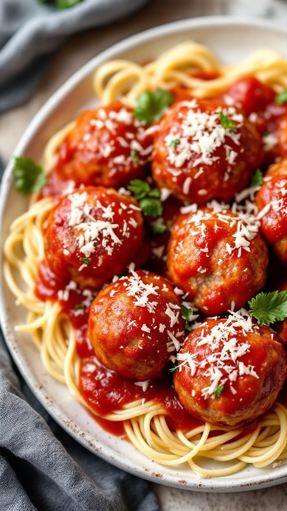 Plate of keto meatballs with marinara sauce on spaghetti, garnished with parsley and cheese.