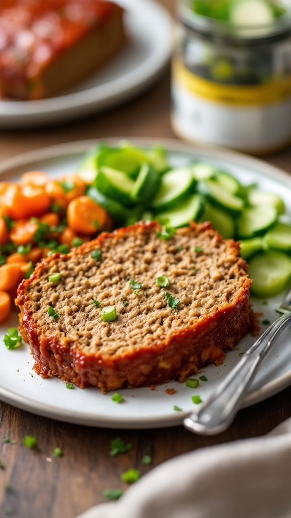 A delicious slice of keto meatloaf served with cucumber and carrots