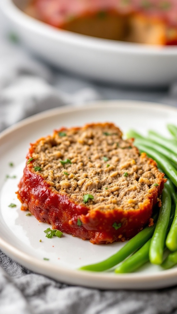 A slice of Keto meatloaf with green beans on a plate.