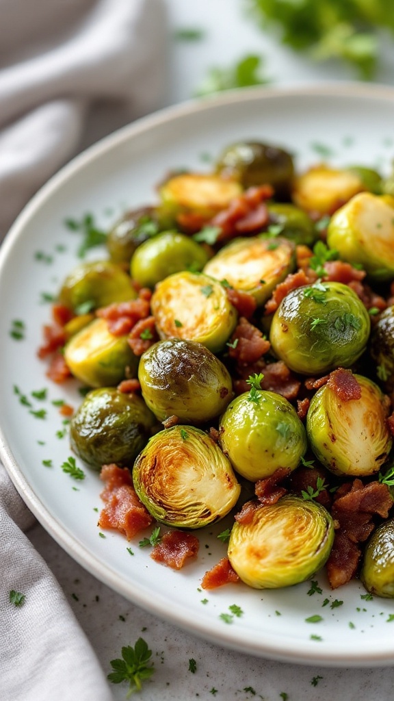 A plate of crispy Brussels sprouts with pancetta and parsley on top.