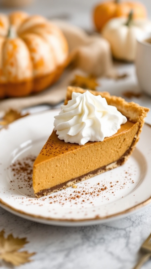 A slice of keto pumpkin pie topped with whipped cream, with pumpkins in the background.