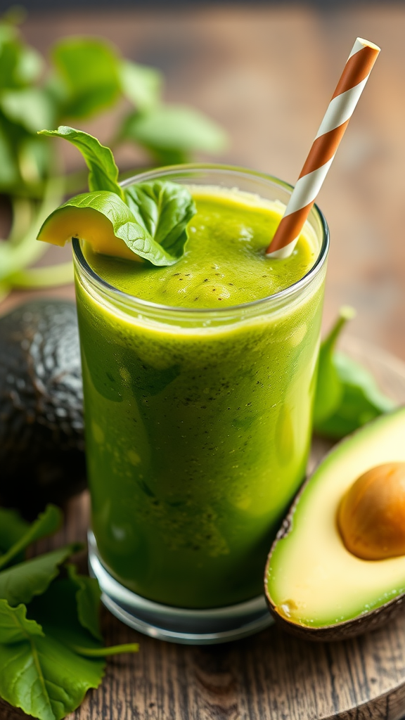 A green smoothie made with spinach and avocado, topped with a striped straw.