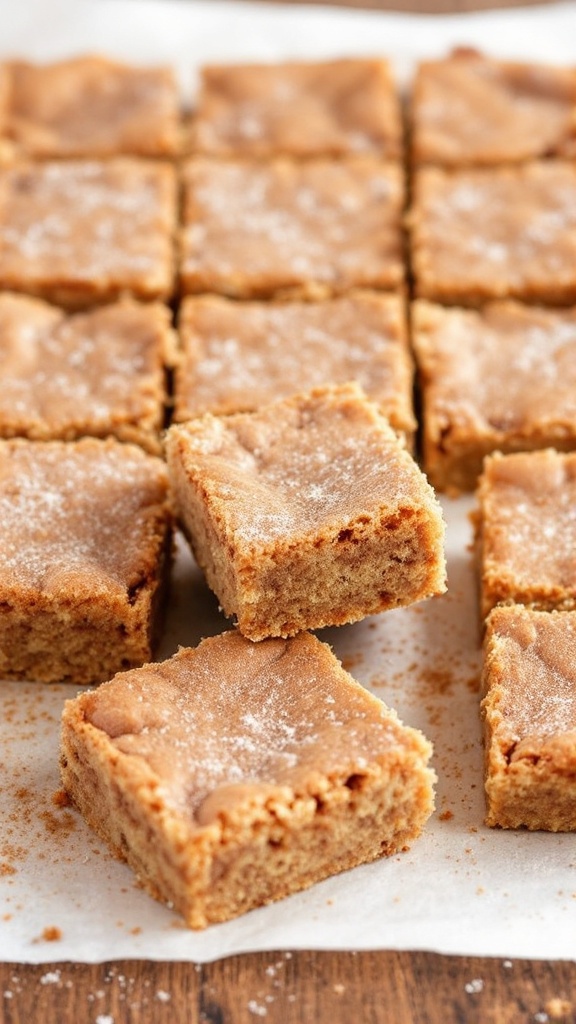 Keto Snickerdoodle Blondies cut into squares, with a sprinkle of cinnamon on top, arranged on parchment paper.