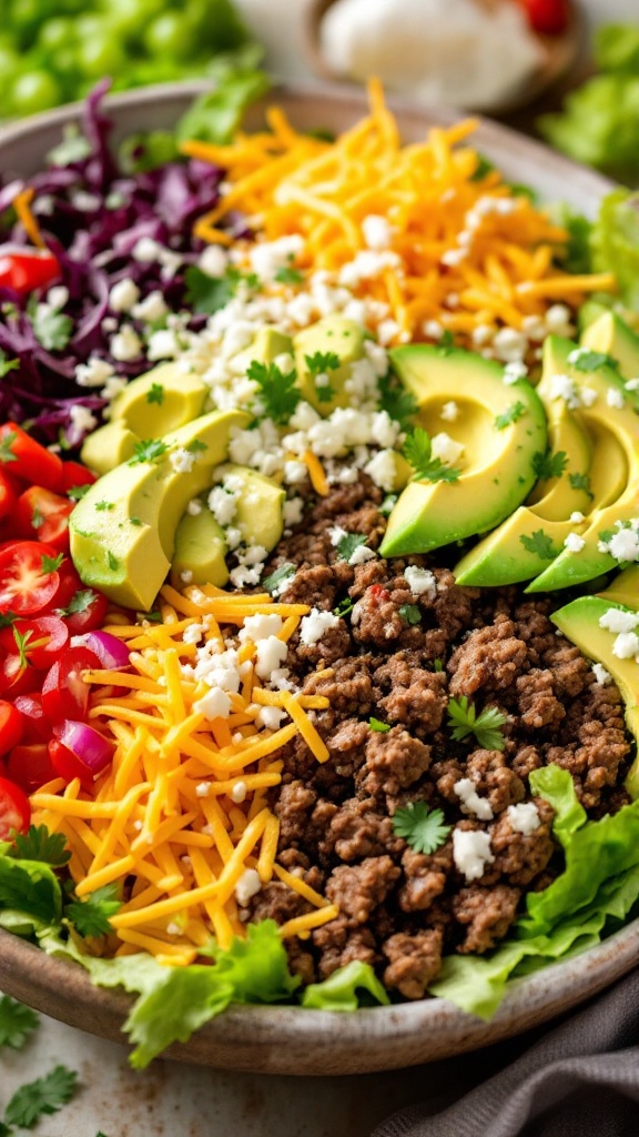 A colorful Keto Taco Salad with ground beef, avocado, cheese, tomatoes, and lettuce in a large bowl.