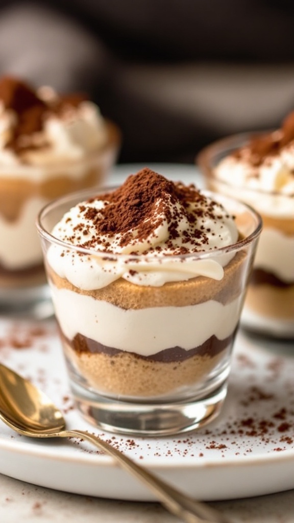 Delicious keto tiramisu cups layered with cream and cocoa powder