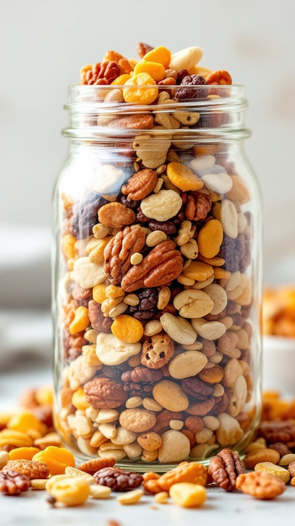 A jar filled with a colorful assortment of nuts and seeds, with some scattered around it.